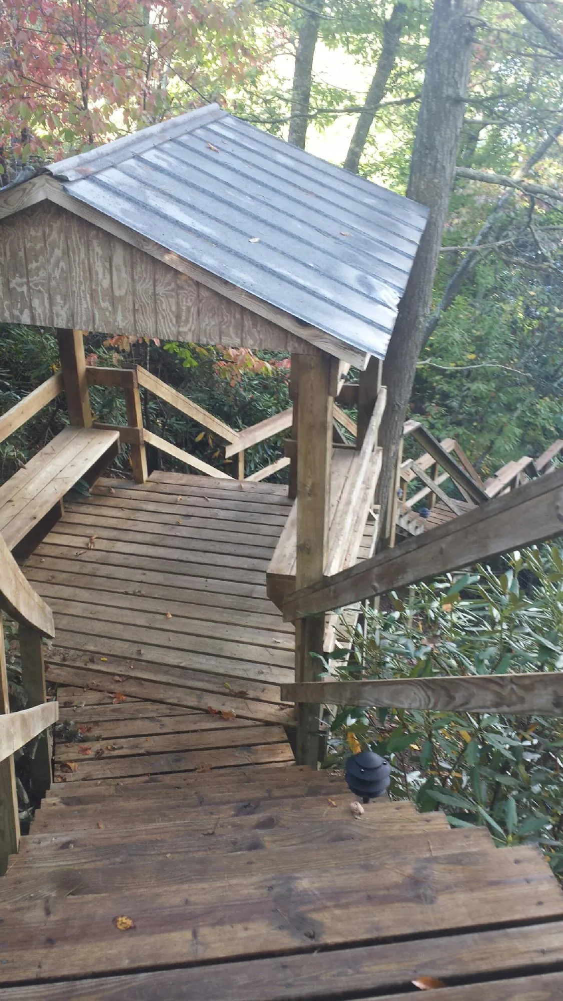 Metal roofed shelter over wooden steps on a wooded walkway — Skylight Repair & Installation work by our crew in Henniker